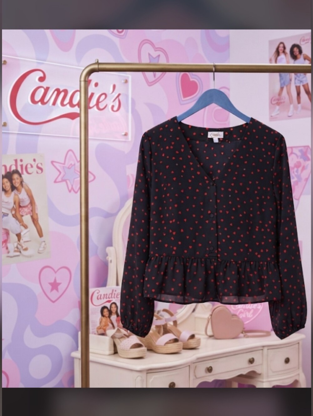 CANDIE'S HEART PRINT PEPLUM BLOUSE Size L